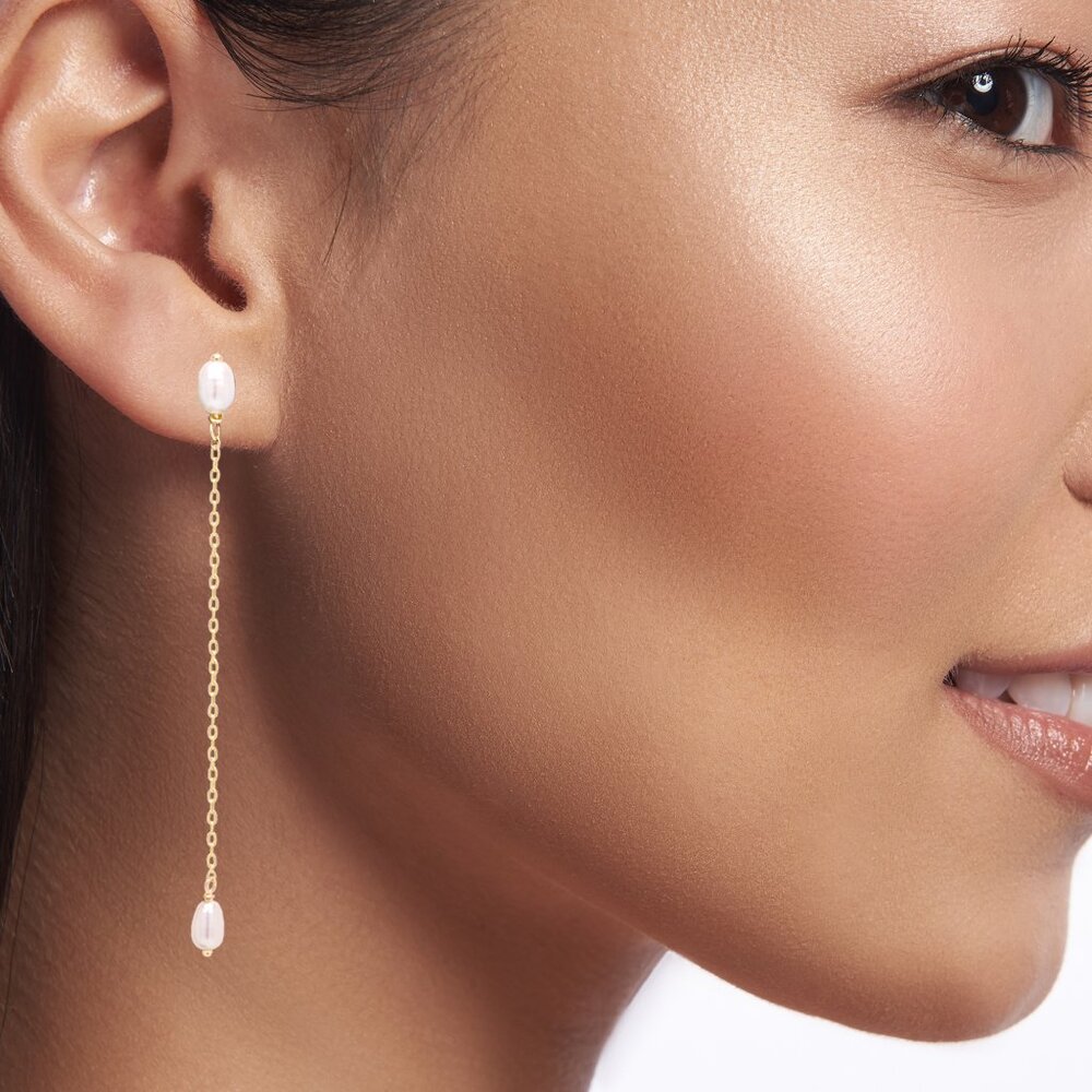 Long pearl dangling earring 14k yellow gold 2.5' inch long Real Gold